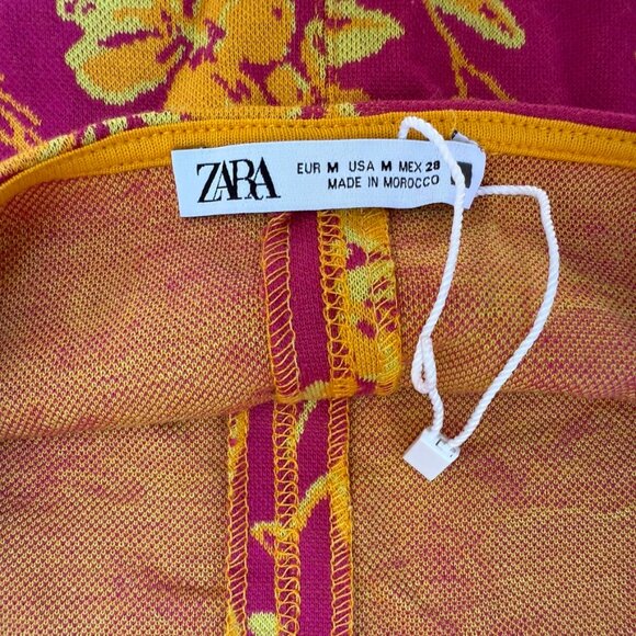 ZARA Floral Mini Dress M Pink Yellow Square Neck Embellished Straps - Picture 8 of 12